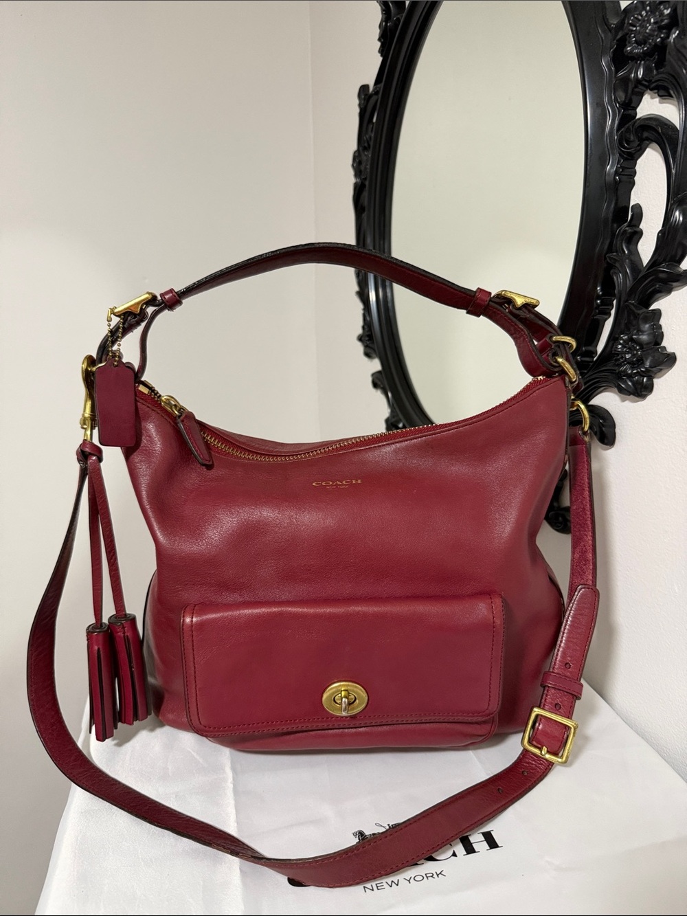Coach 22381 Burgundy Leather Shoulder Bag with Tassel /long strap🎀